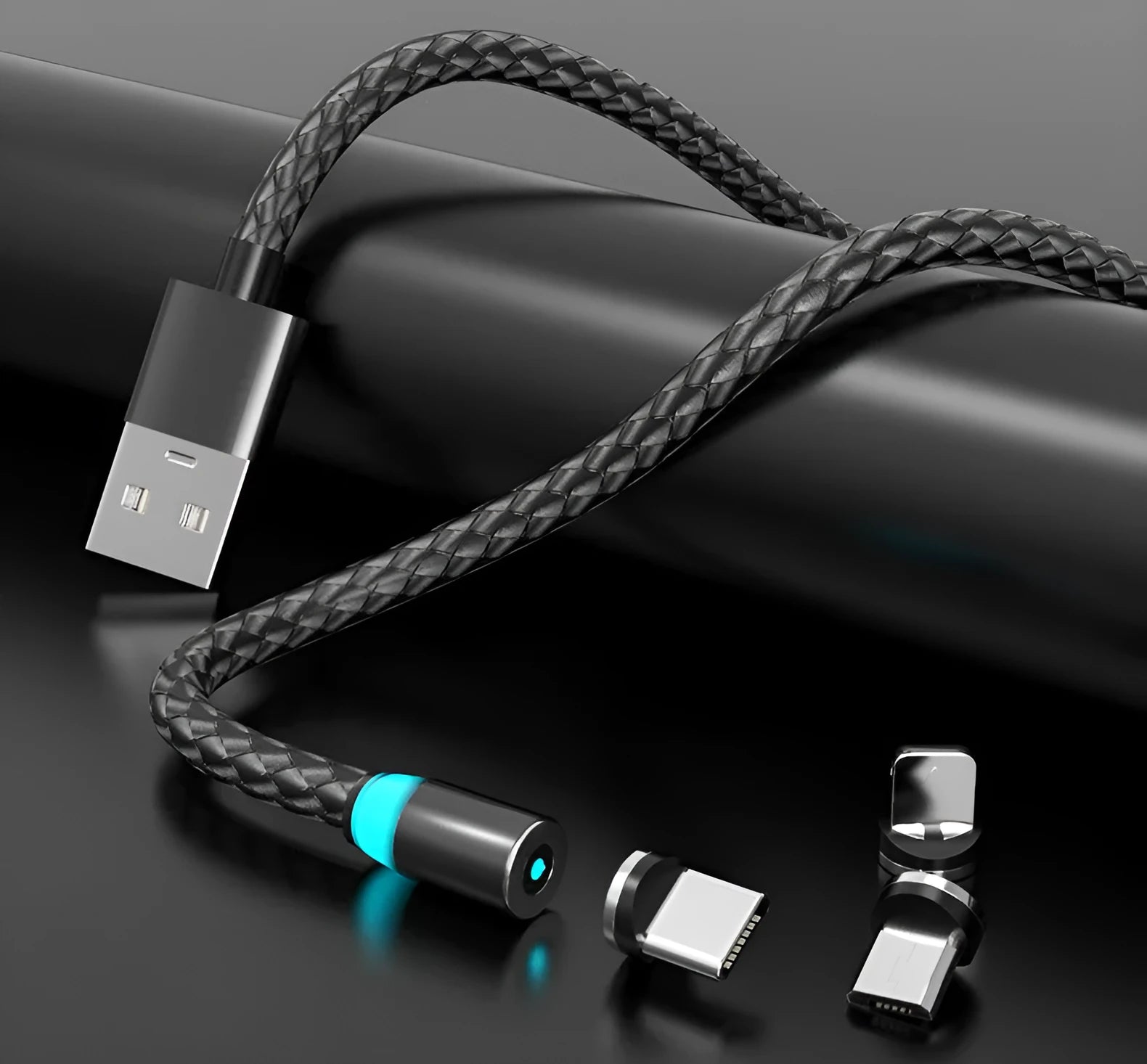 Magnetic smartphone charging cable with LED breathing light, showing black and gold colour options.