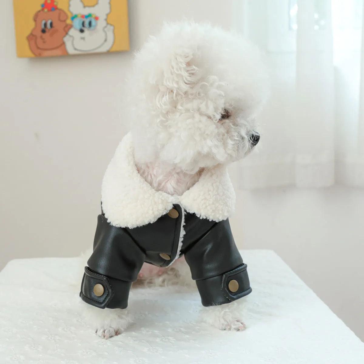 Large fur coat style fleece lined padded dog jacket for winter warmth in beige colour.