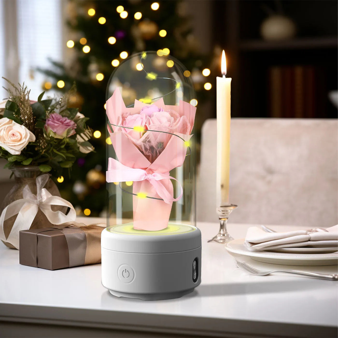 Glass-covered rose ornament with built-in LED light and Bluetooth speaker on black or white base