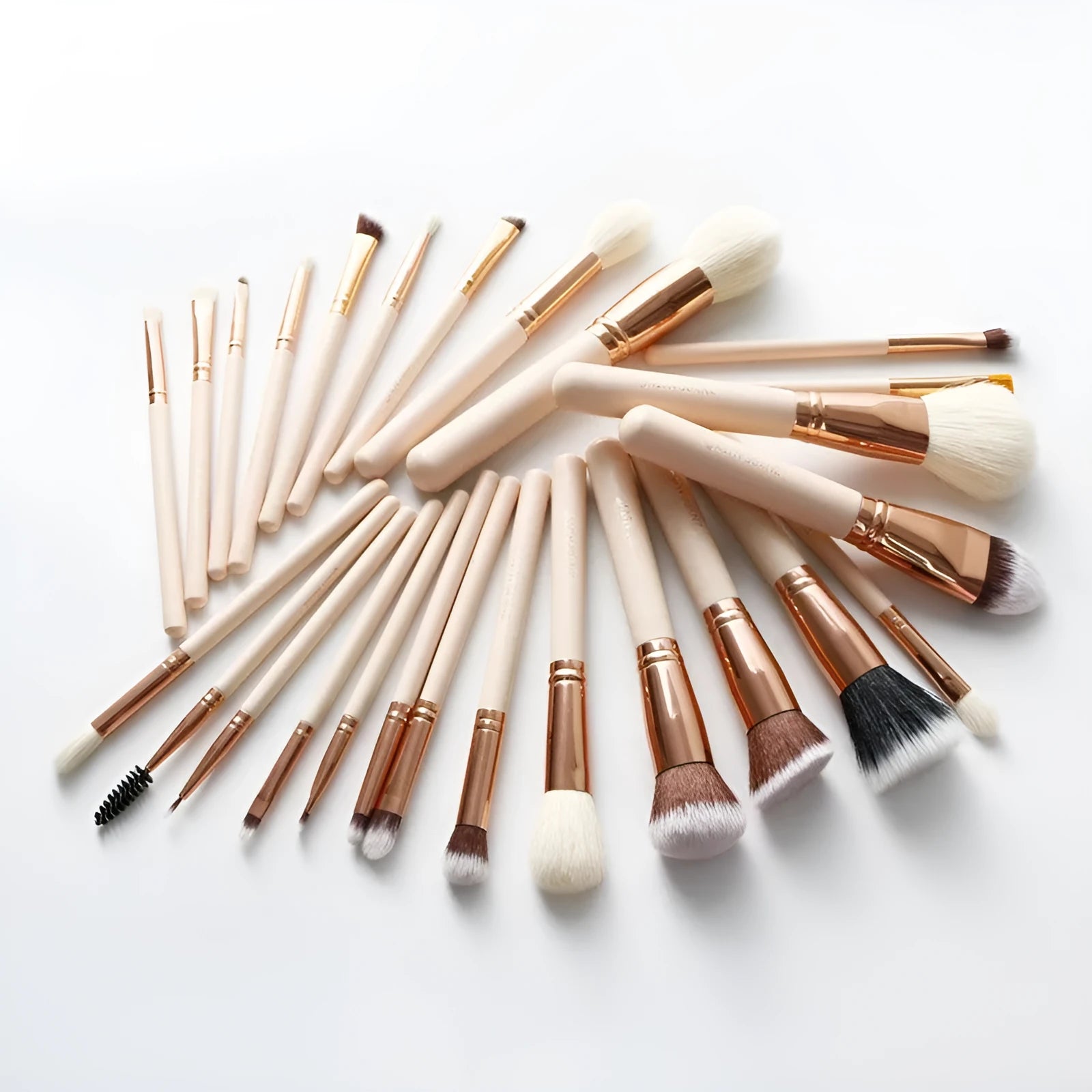 26 pink-handled makeup brushes with wool bristles in a pink PU case
