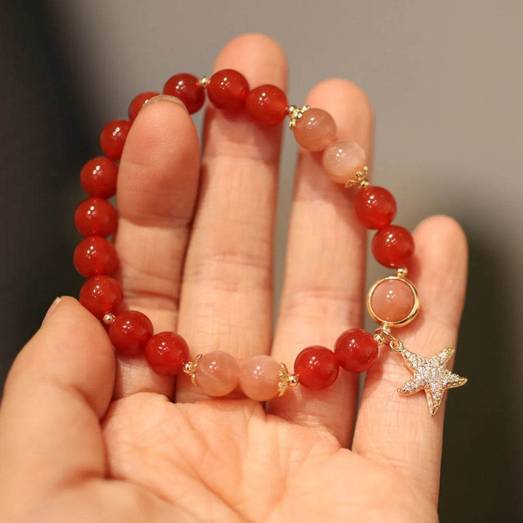 Handmade red agate women's bracelet with 8mm beads, star shape and Xiangyun ethnic patterns
