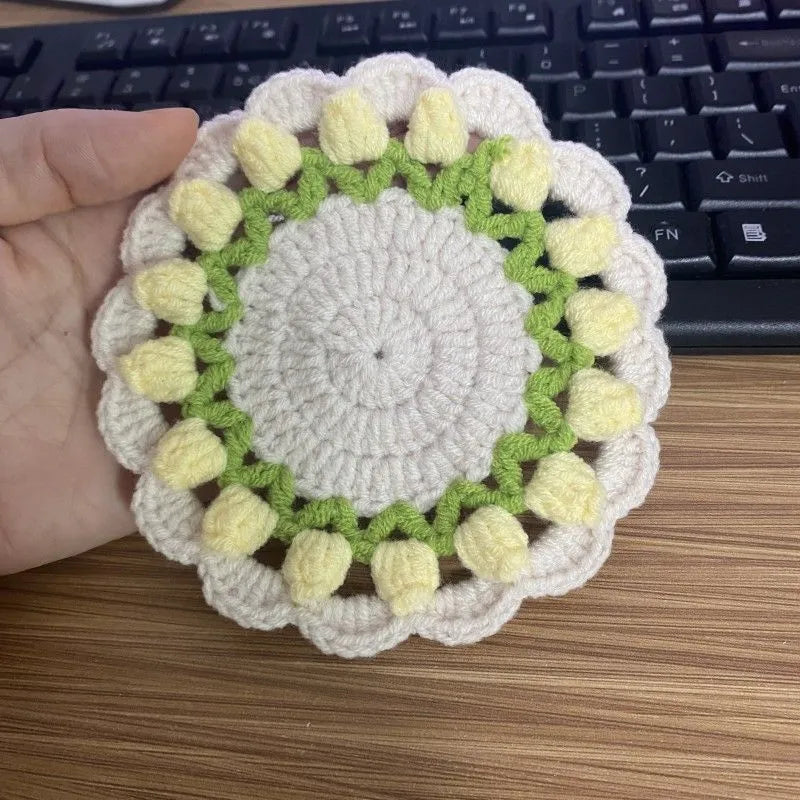 Handmade crochet woven flower coaster in cotton and linen yarn with floral design