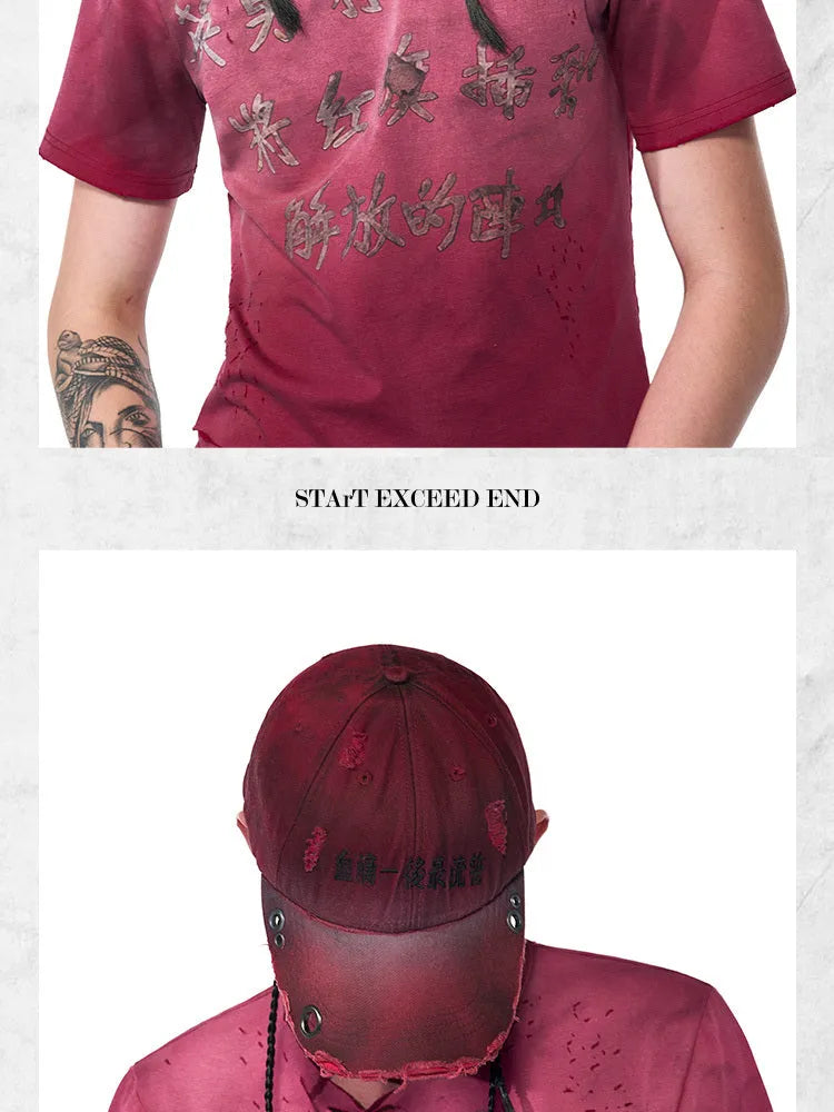 Rose red cotton peak cap with adjustable strap and spray design detail
