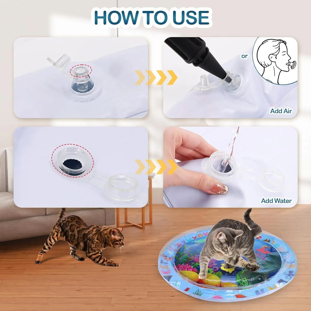 Ocean-themed blue water sensory playmat for cats with floating fish toys inside on a floor