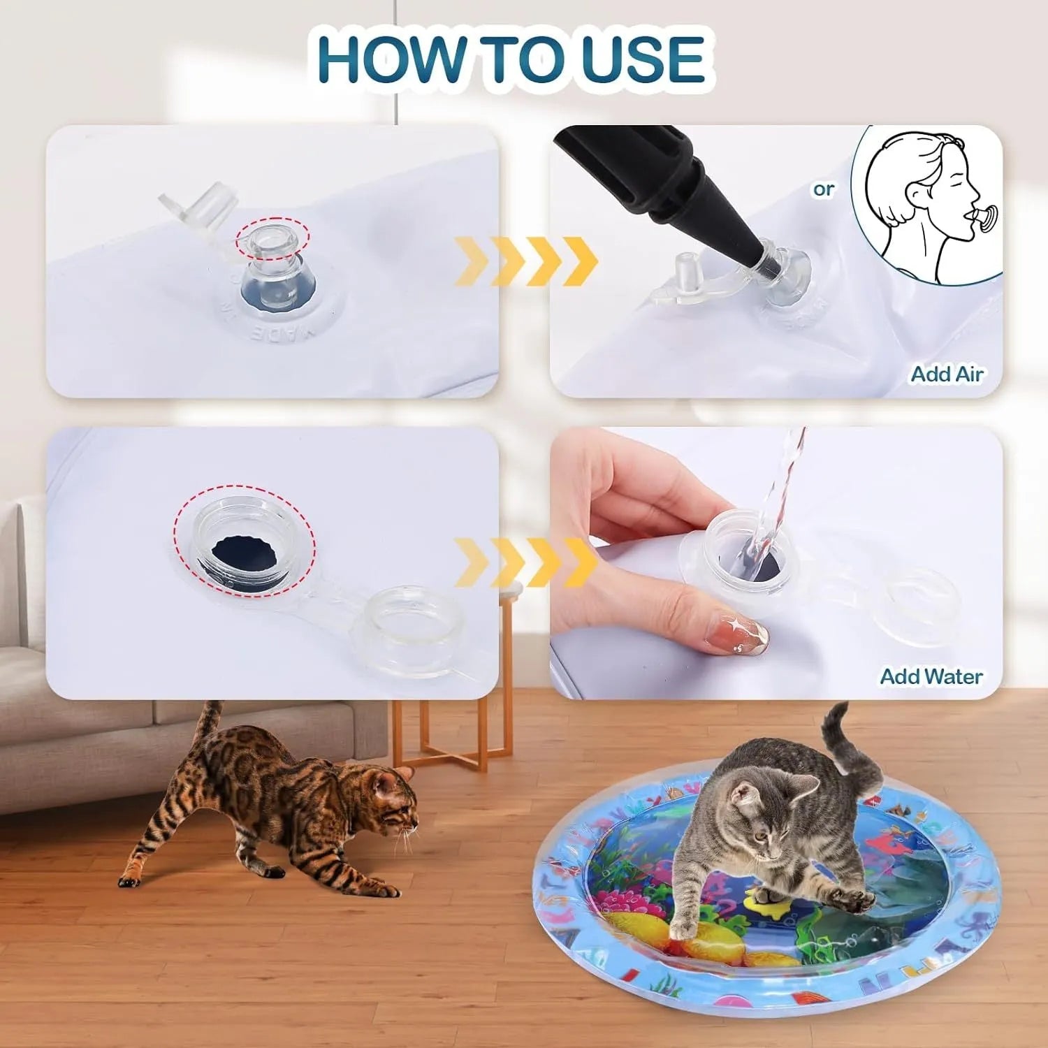 Ocean-themed blue water sensory playmat for cats with floating fish toys inside on a floor