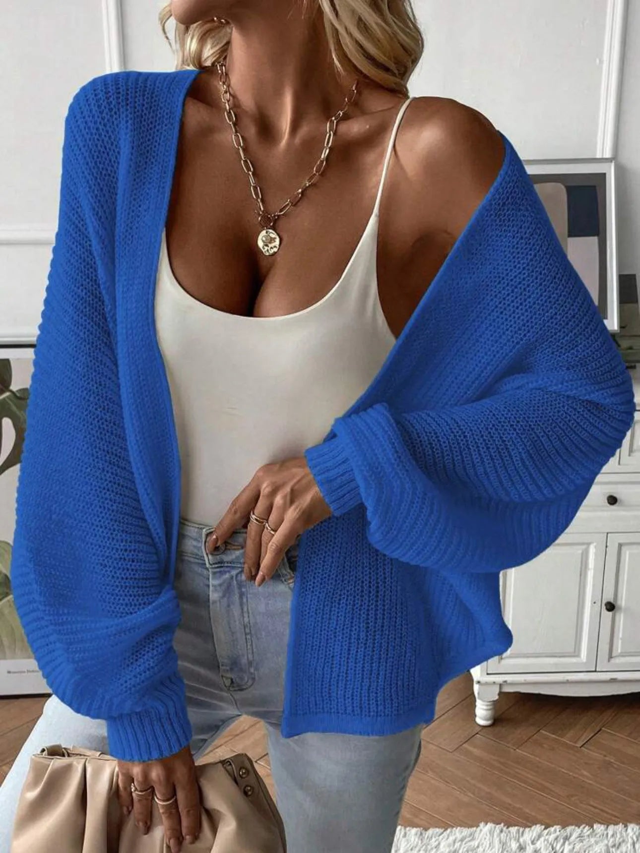 Women's batwing sleeve cardigan in solid colour with loose fit