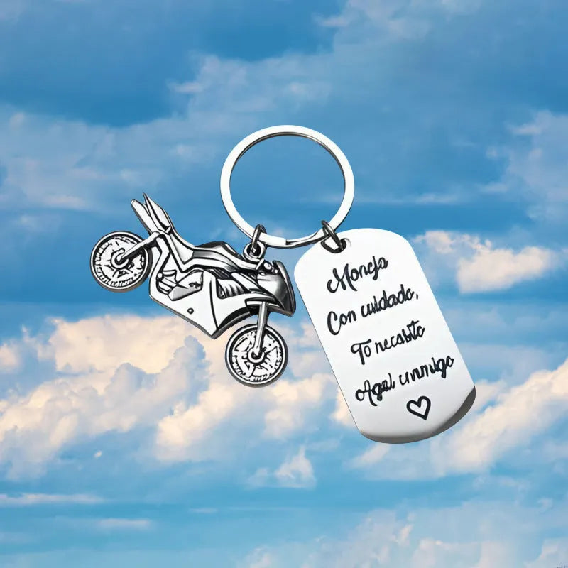 Stainless steel motorcycle keychain with metal key ring and grey flannel storage bag