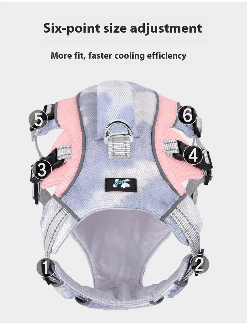 Reflective light blue pet cooling chest strap fastened around a dog's torso.