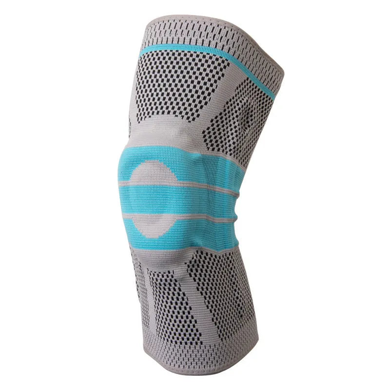 Sky blue elastic fibre knee pads with silicone grip for sports like basketball and running.