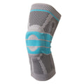 Sky blue elastic fibre knee pads with silicone grip for sports like basketball and running.