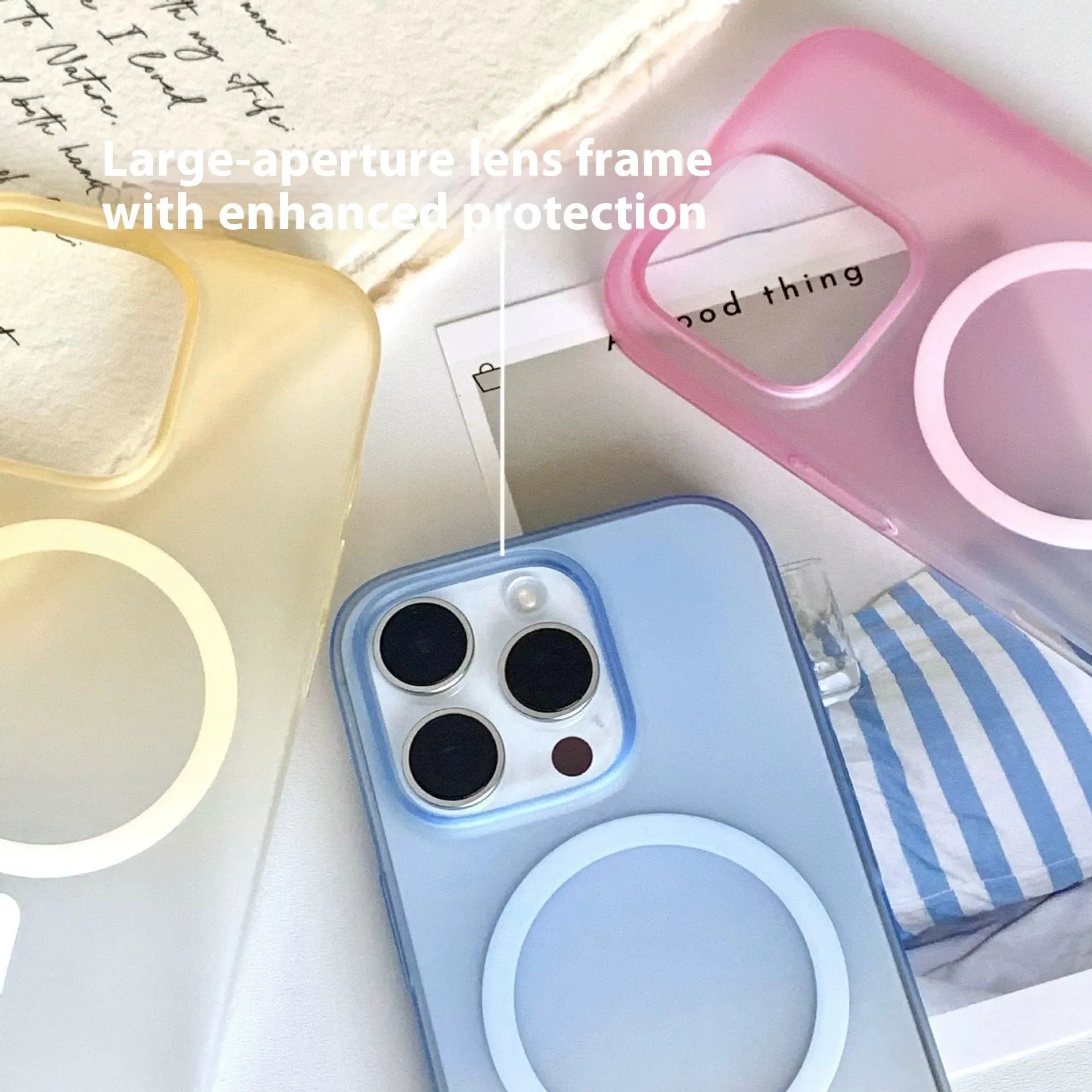 Gradient frosted magnetic suction case for iPhone on a table, showing ultra-thin profile and colour blend.