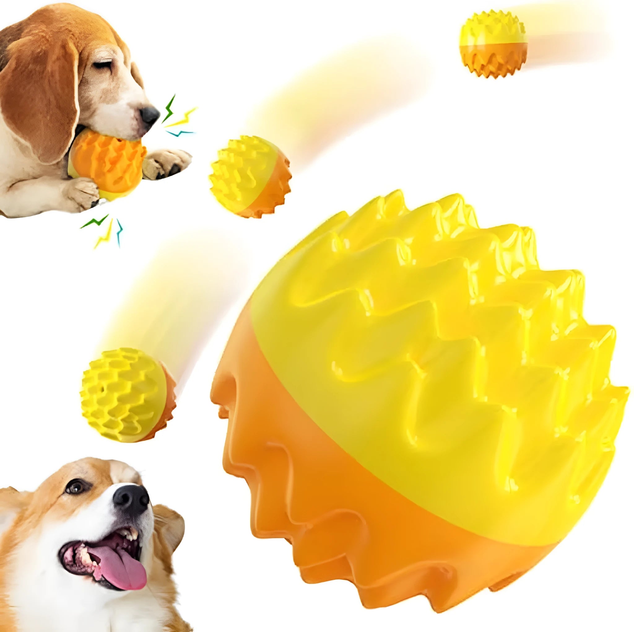 Blue squeaky dog ball toy with spiky texture for dental cleaning and water play