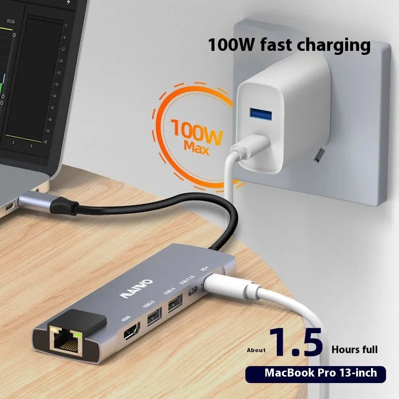 Aluminium alloy Steam Deck six-in-one docking station with USB-C, HDMI, Ethernet and USB ports.