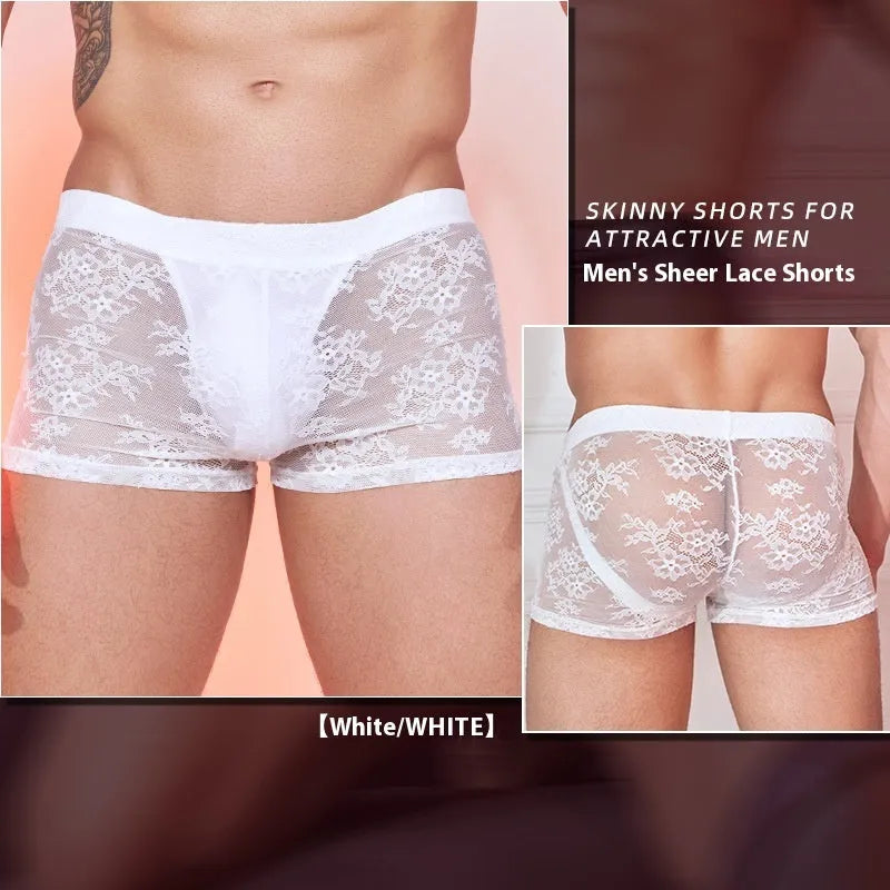 Lace detail men's nylon boxer shorts in black, shown on a white background.