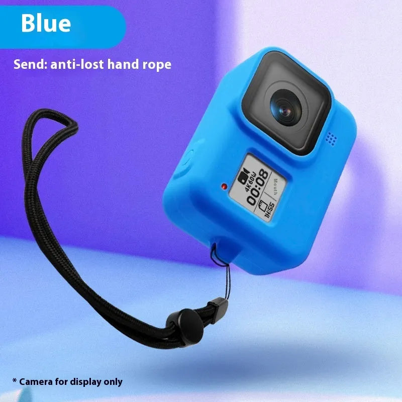 GoPro Hero 8 Black camera with blue silicone protective sleeve and neck lanyard carrying strap