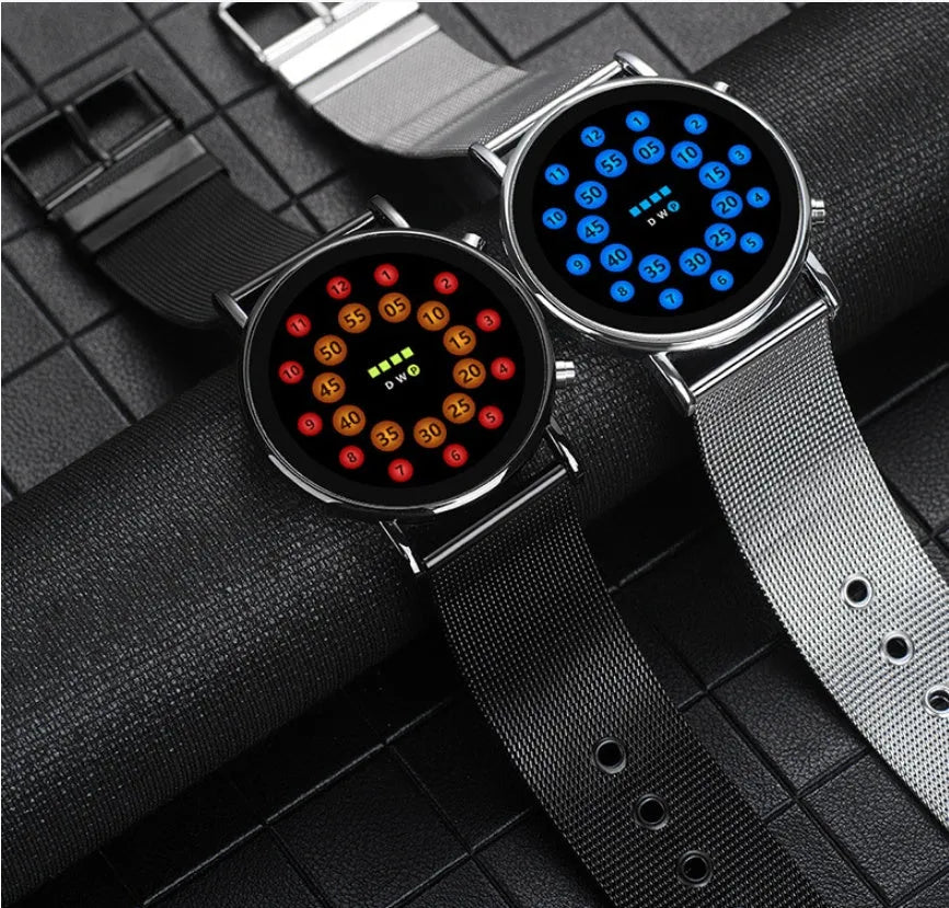 Black and silver alloy LED watch with blue lamp display on a steel mesh strap.