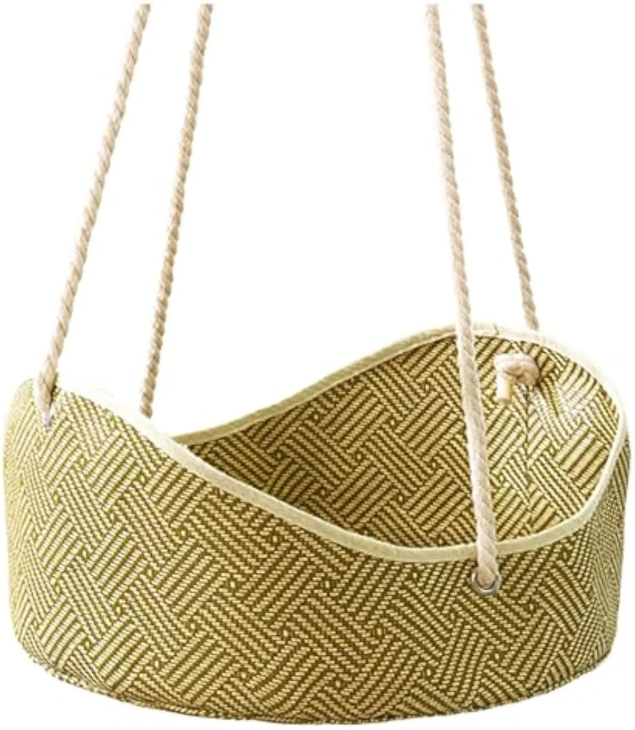 Green rattan cat hammock with metal hooks hanging on a white cage.