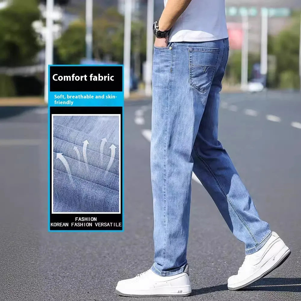 Tapered thin stretch denim trousers for business casual wear in light blue, gray, blue gray, and black.