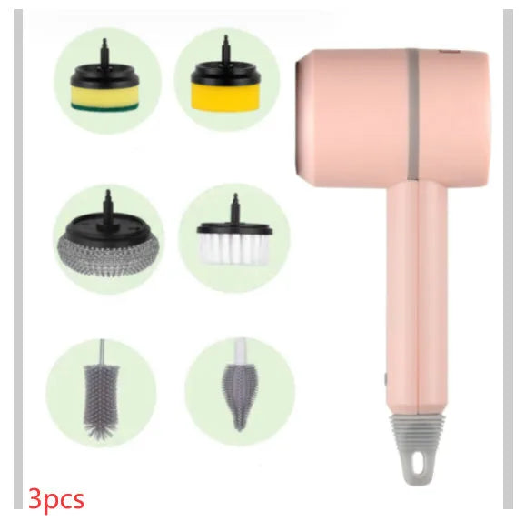 White rechargeable electric cleaning brush with multiple scrubber heads on a kitchen worktop.