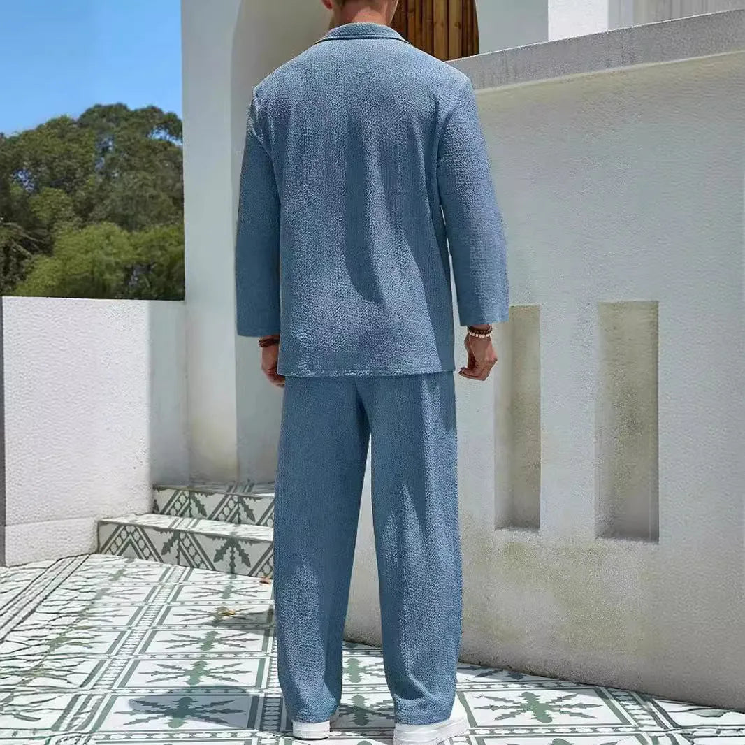Men's casual shirt trousers suit set in polyester fibre fabric available in four colours