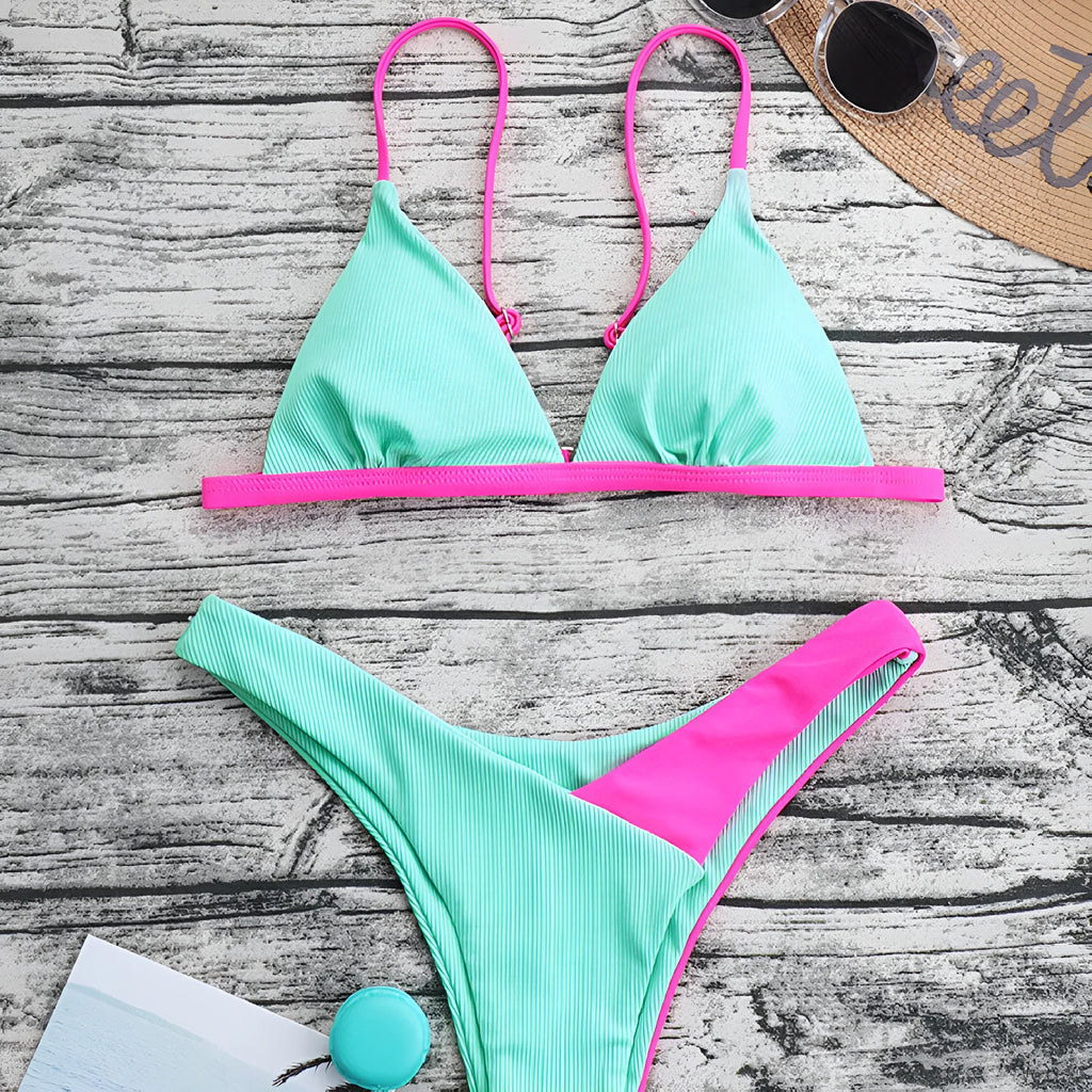 Women's European style swimsuit bikini set in nylon fabric with briefs cut and pattern design