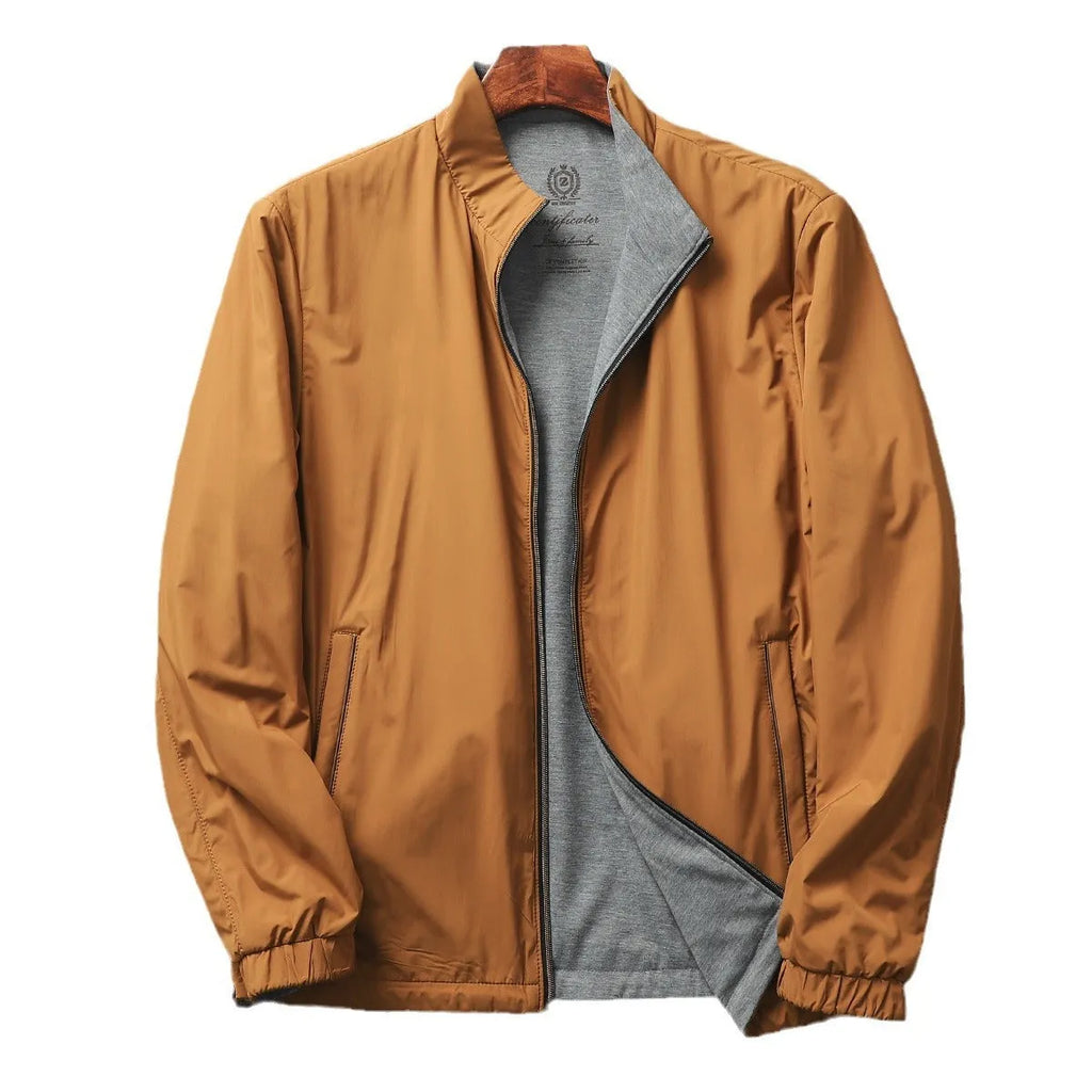 Men's simple stand collar casual jacket in a polyester blend fabric, shown in one of four available colours.