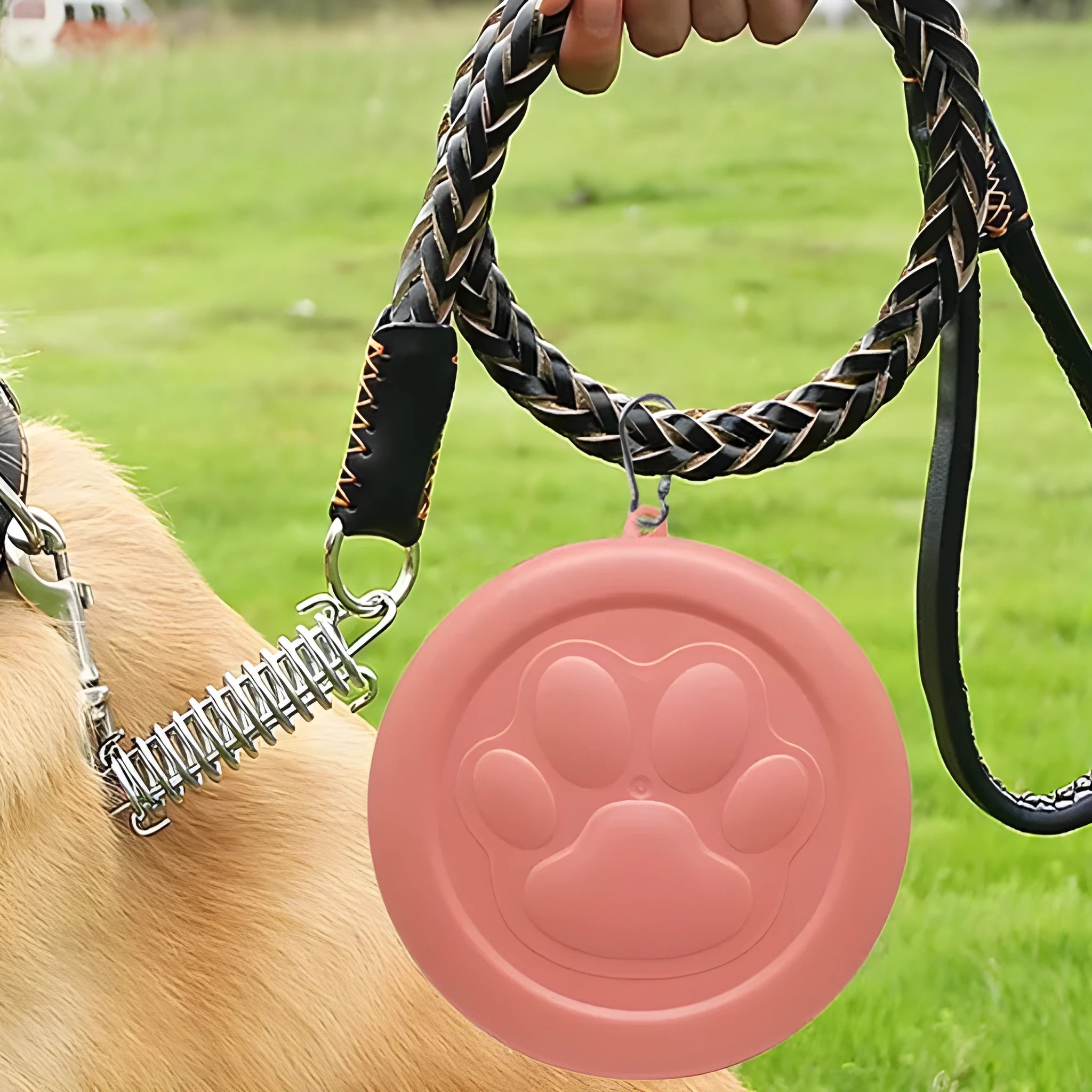 Portable outdoor dog food and water bowl in S and L sizes, shown in light green and pink colour options.