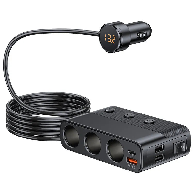 C28 black vehicle cigarette lighter adapter with USB, PD and QC3.0 charging ports
