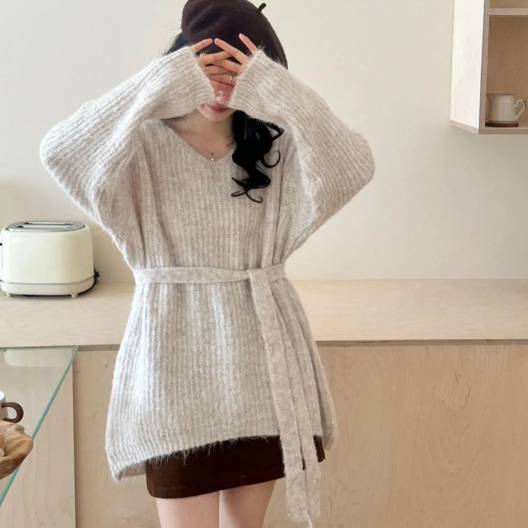V-neck halter ribbon loose lazy style mid-length sweater in polyester for women