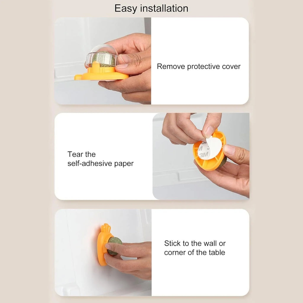 Blue carrot-shaped self-adhesive catnip ball toy for wall mounting and cat teeth cleaning.
