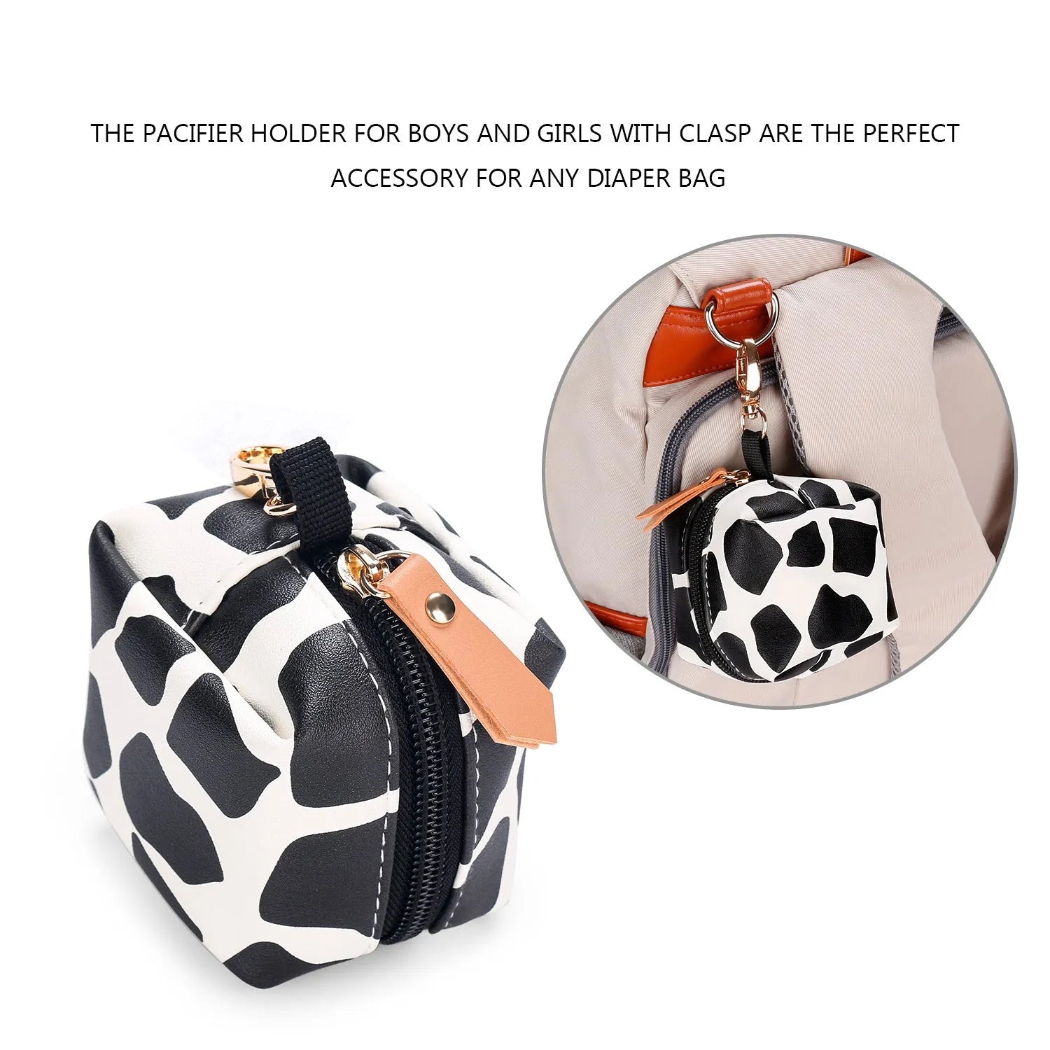 Baby pacifier holder case in PU leather with impervious nylon lining and buckle clip, holds 2 pacifiers, compact 6.35cm size