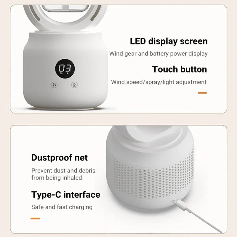 White bladeless table fan with humidifier tank on a desk, showing USB port and control buttons.
