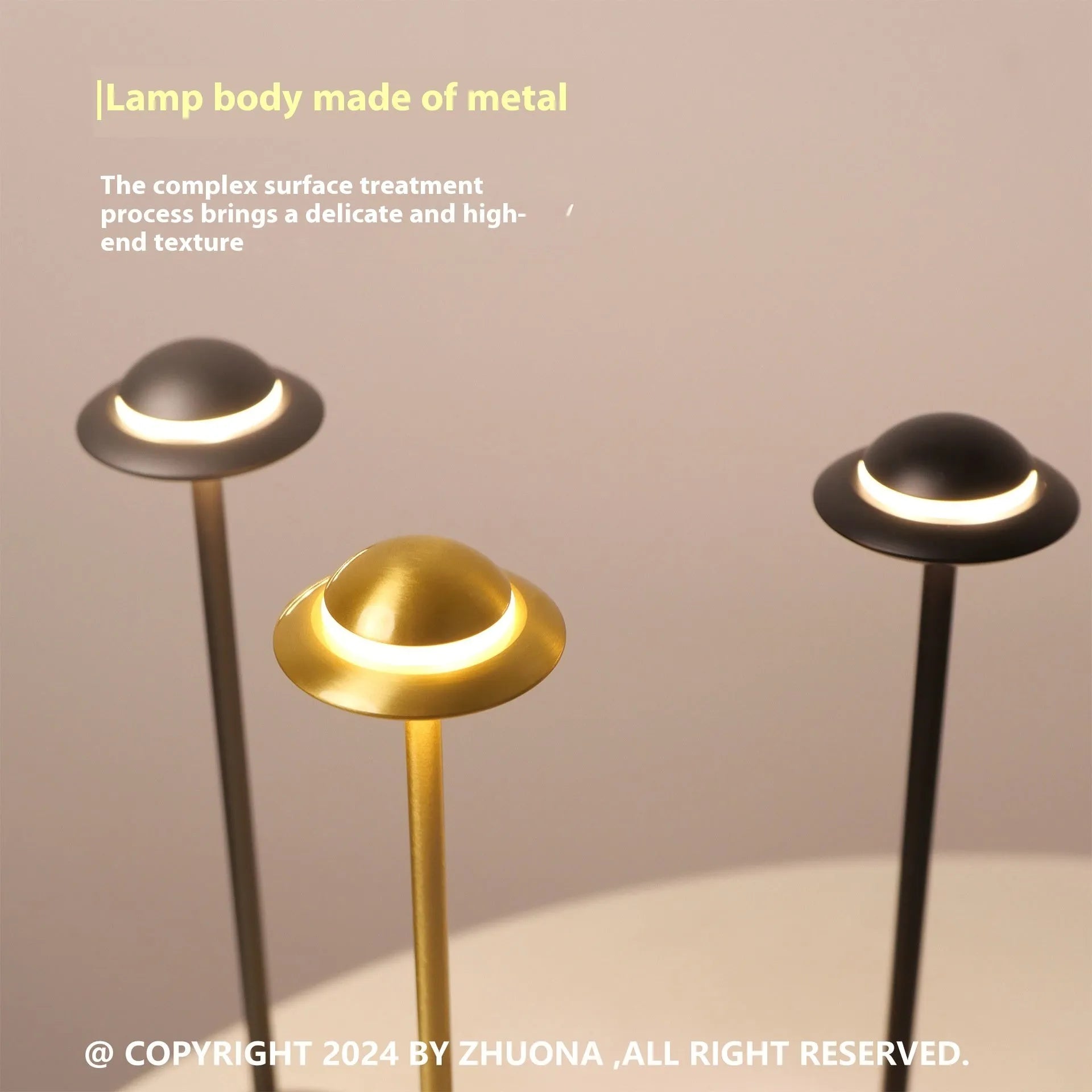 Modern metal UFO-shaped table lamp in black, gold, or grey with touch-sensitive dimming controls.