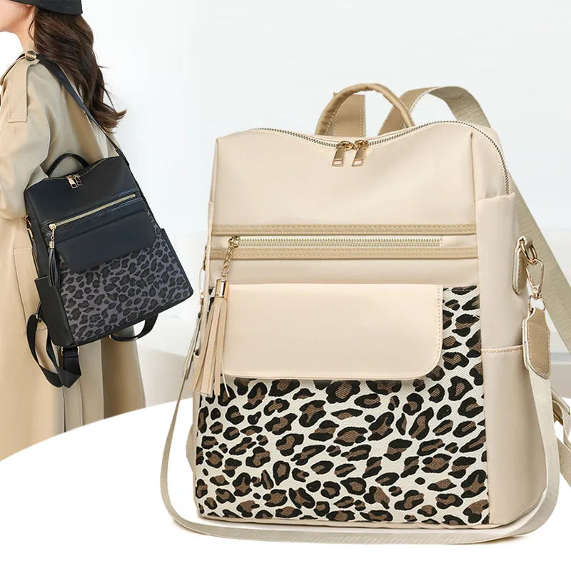 Leopard print women's large capacity nylon backpack in beige with stitching details