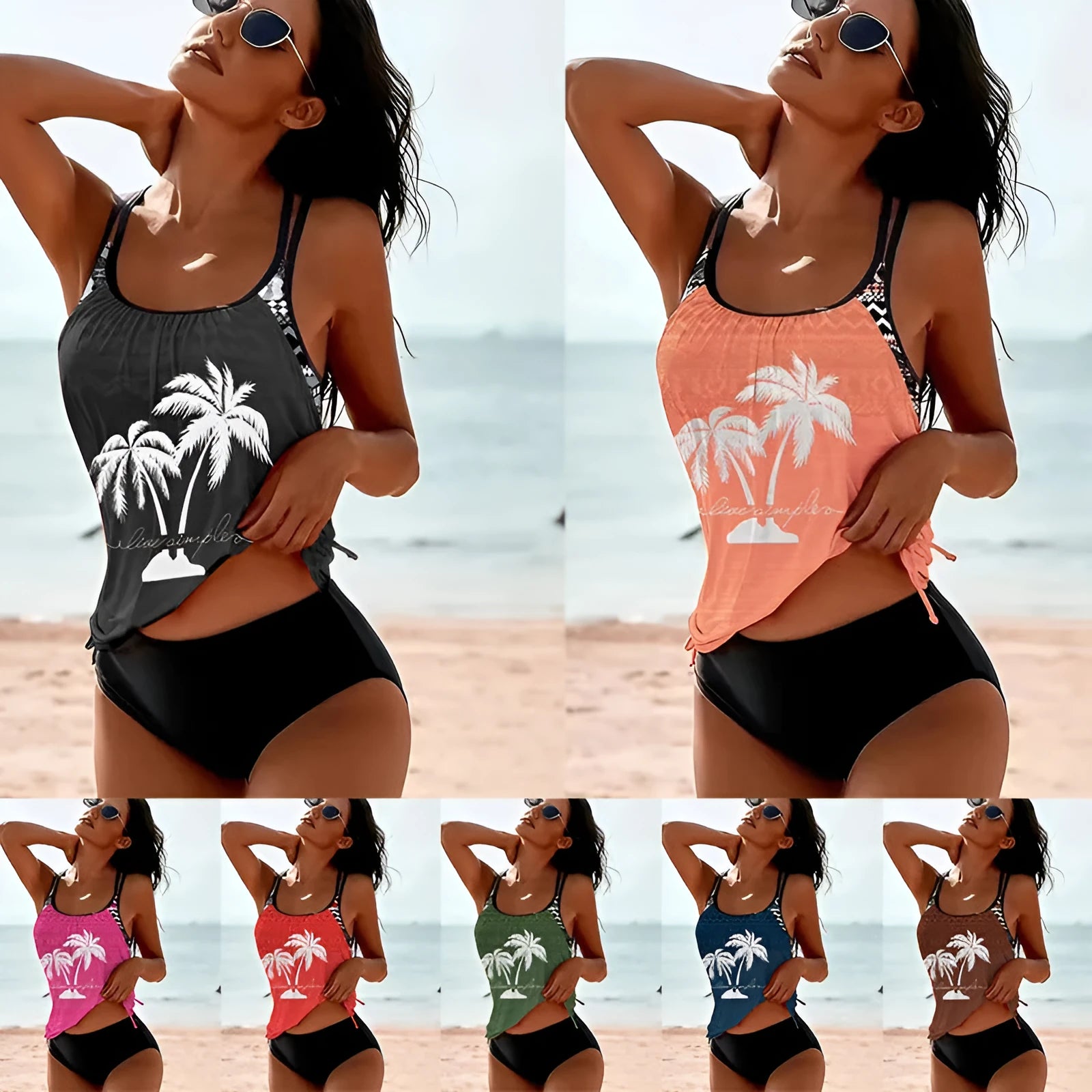 Women's loose fit Tangini style split brief bikini set in polyester fabric available in seven colours