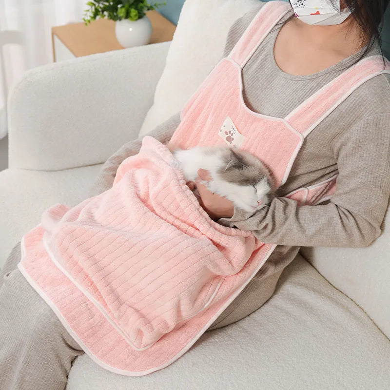 Cat petting apron in multiple colour options including pink, light blue, and striped patterns for grooming protection