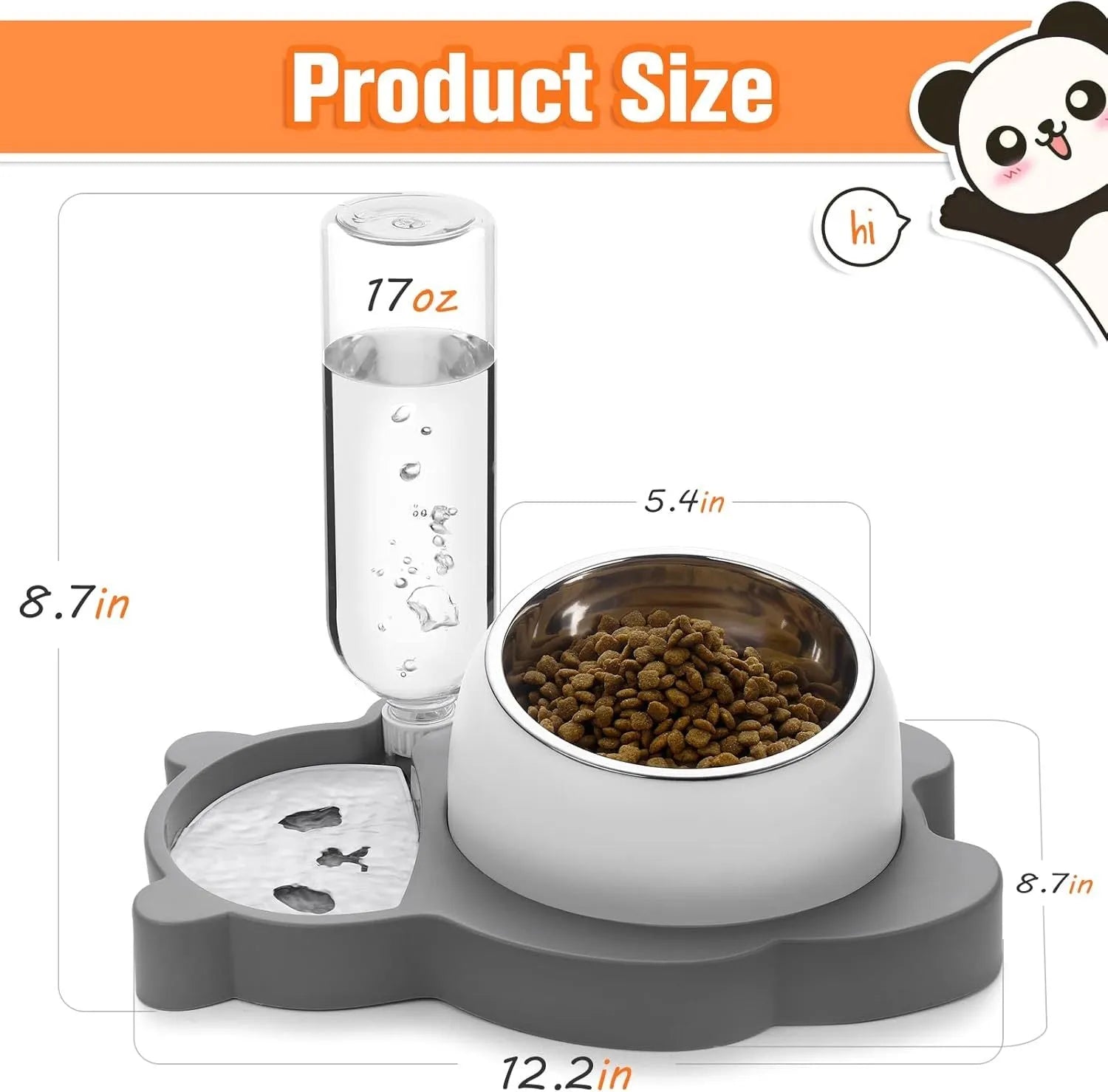 Grey panda-shaped elevated pet feeder with tilted stainless steel bowls and attached water bottle
