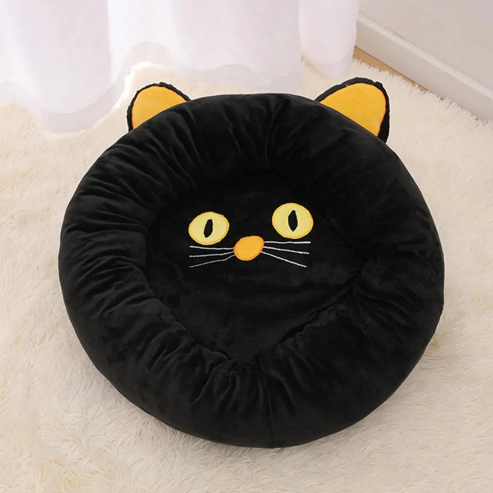 Black cat shaped velvet pet bed nest with raised edges for head support