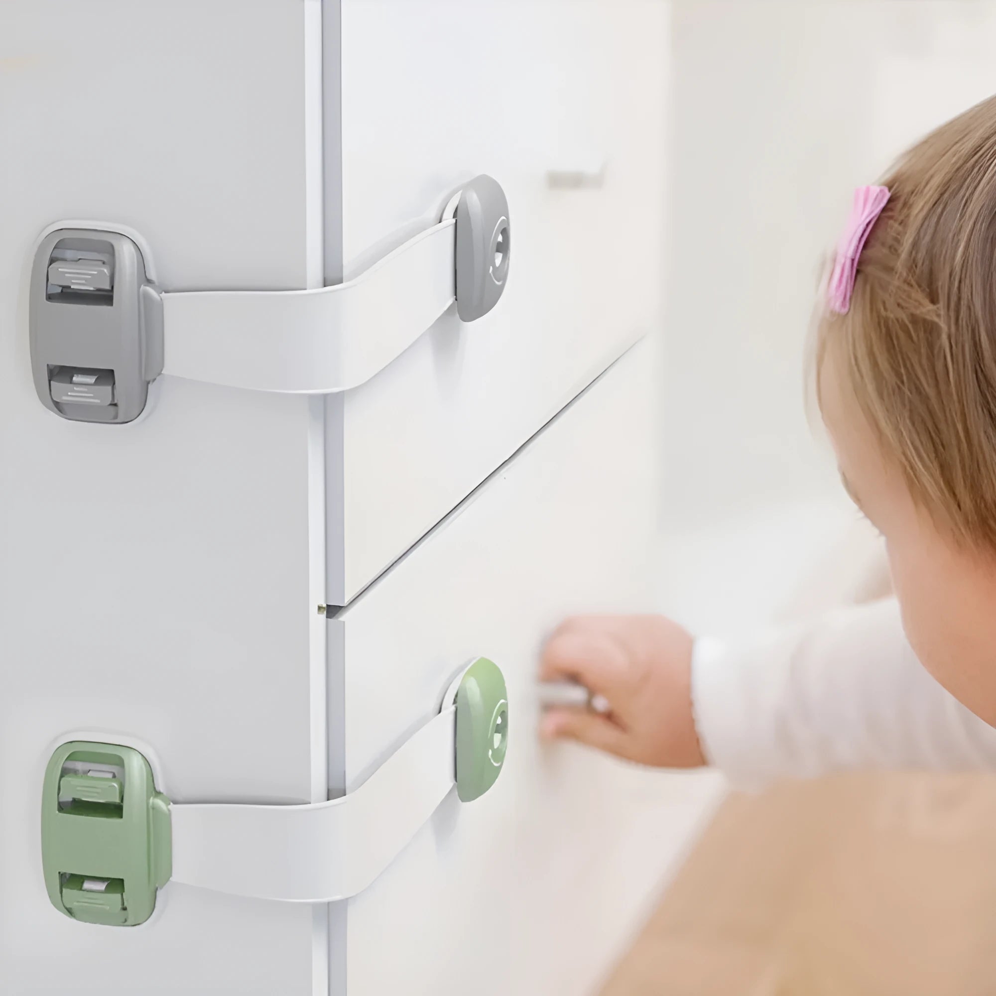 Grey and green adjustable strap child safety locks for cabinets and drawers with adhesive backing.