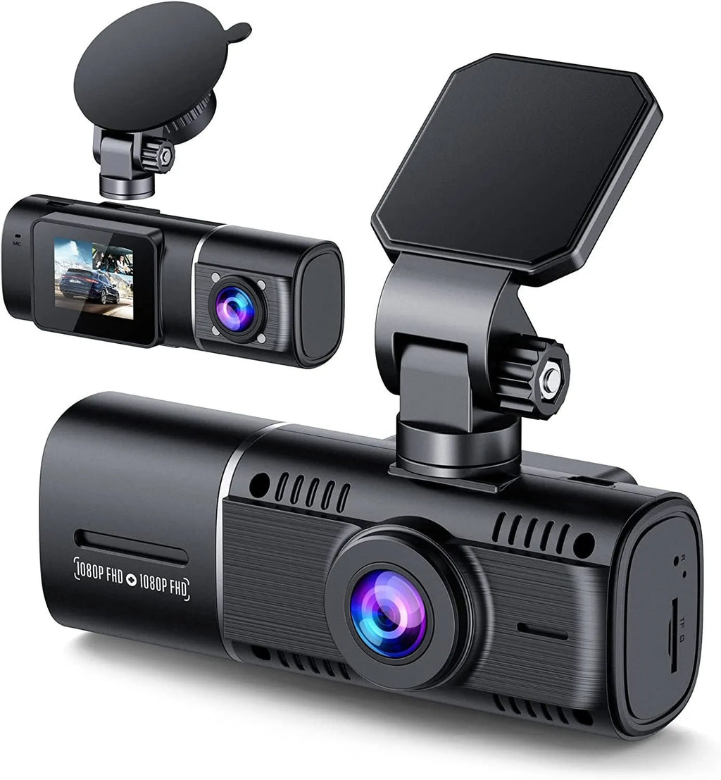 Standard black 1080p dashcam car camera with screen, shown with car charger and stand.
