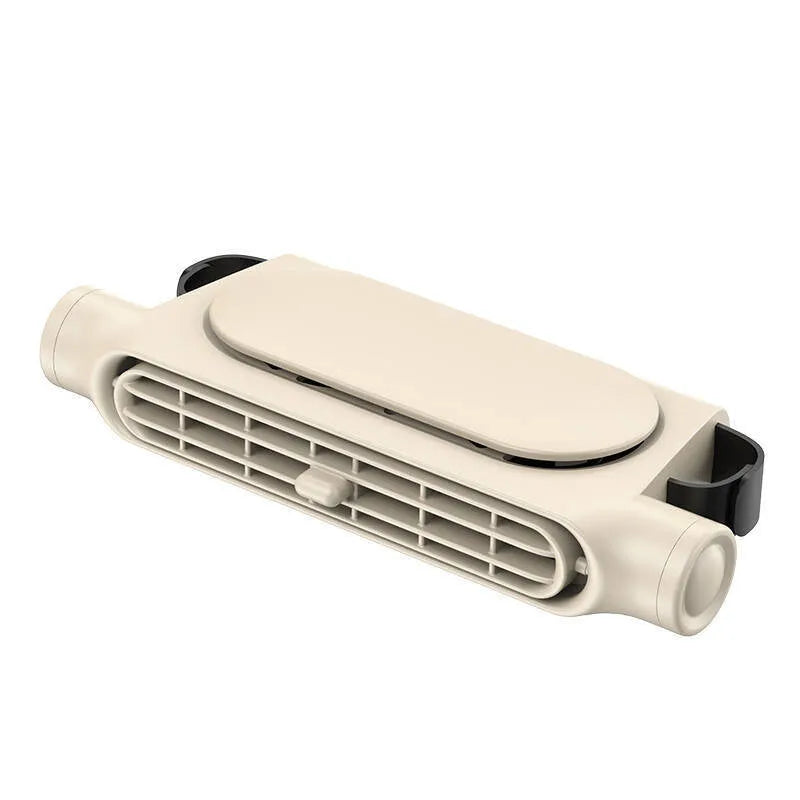 Creative New Seat Car Fan in black, white, and beige colours, showing USB plug, control button, and Velcro mounting strips.