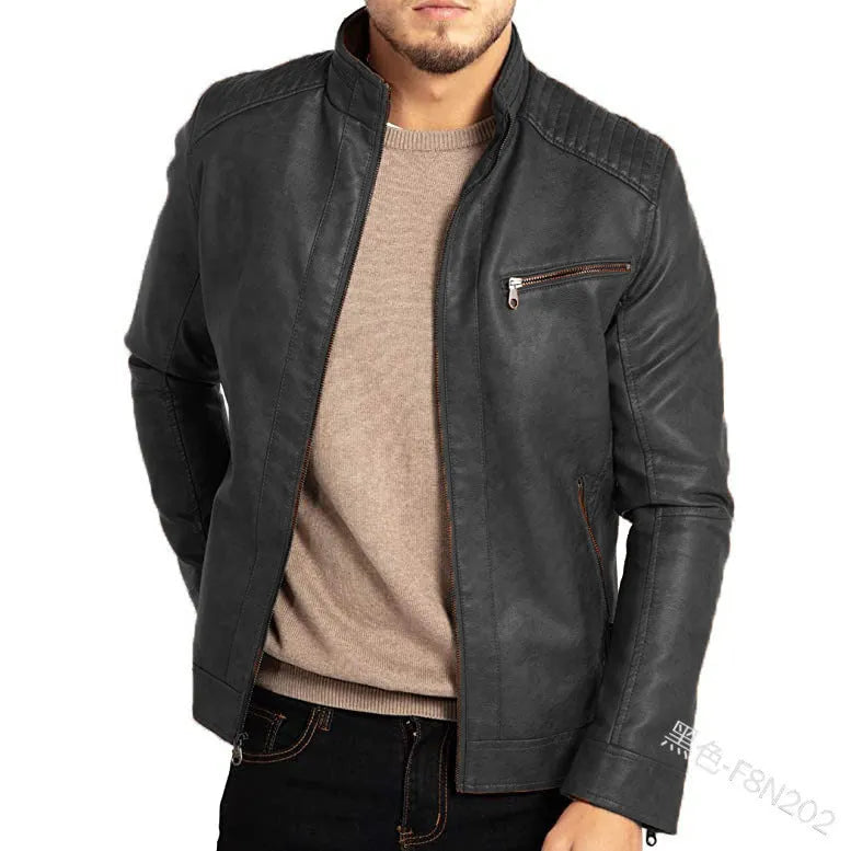 Men's punk style artificial leather motorcycle jacket with stand collar in Army Green colour
