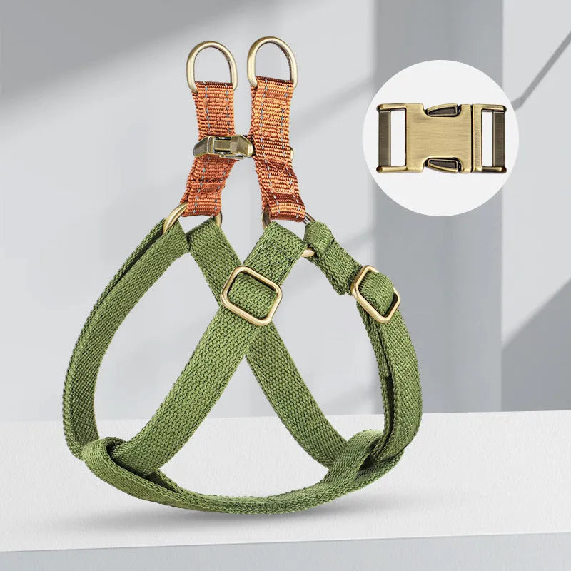 Brown vest-style dog leash with adjustable cotton belt and nylon rope, showing alloy clip.