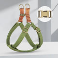 Brown vest-style dog leash with adjustable cotton belt and nylon rope, showing alloy clip.
