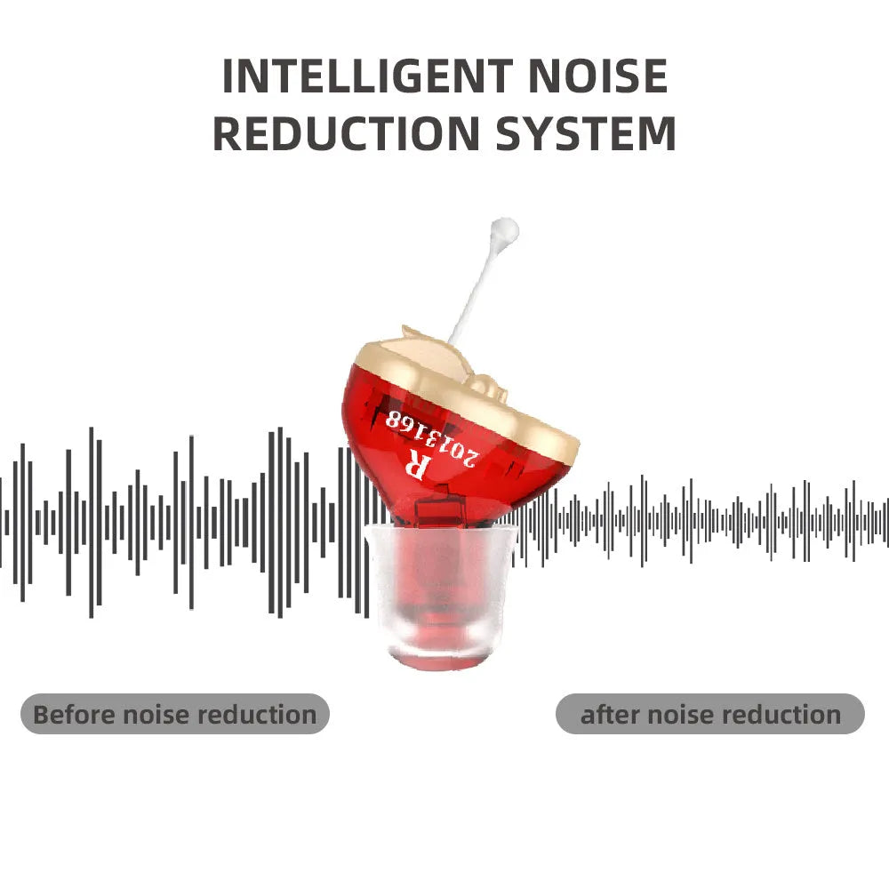 Red and blue Q10 CIC mini hearing aid with accessories including earphones, batteries, and cleaning brush
