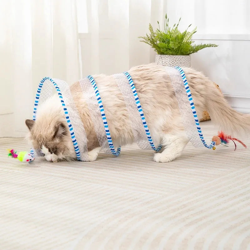 Cat toy bundle with blue tunnel, long-pole teasing stick and feather attachments