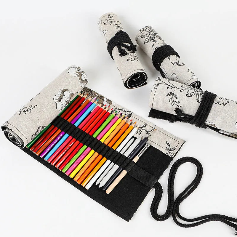 Black peony print canvas pencil roll bag with cotton hemp fabric