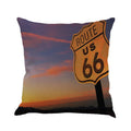 Square linen and cotton cushion cover with US Route 66 landscape print, shown in one of six colour options.