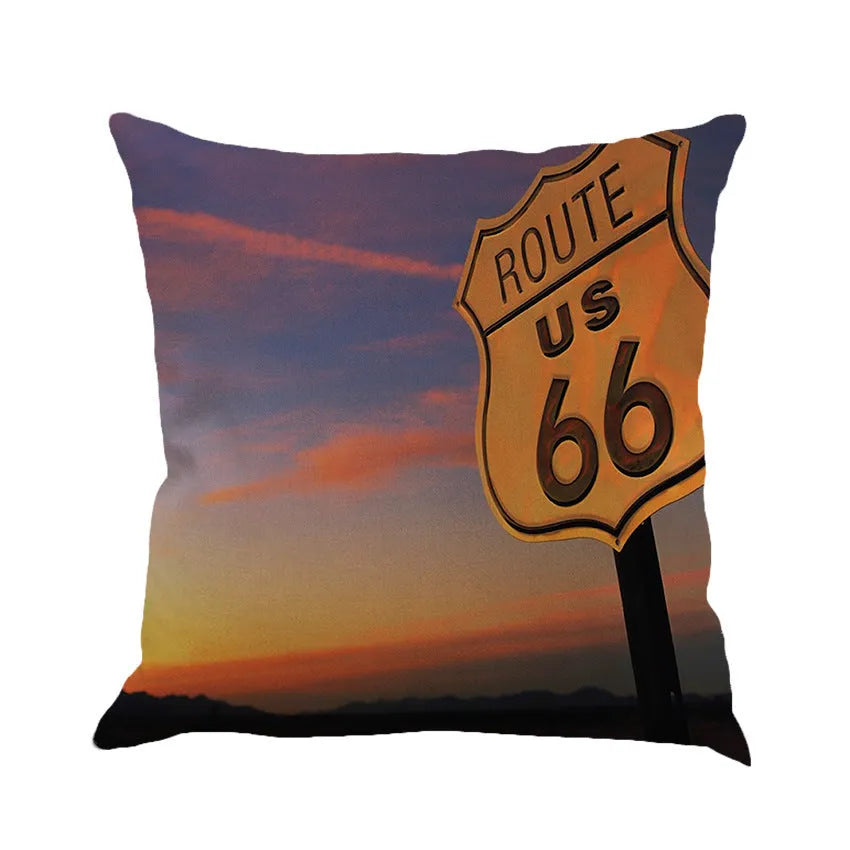 Square linen and cotton cushion cover with US Route 66 landscape print, shown in one of six colour options.