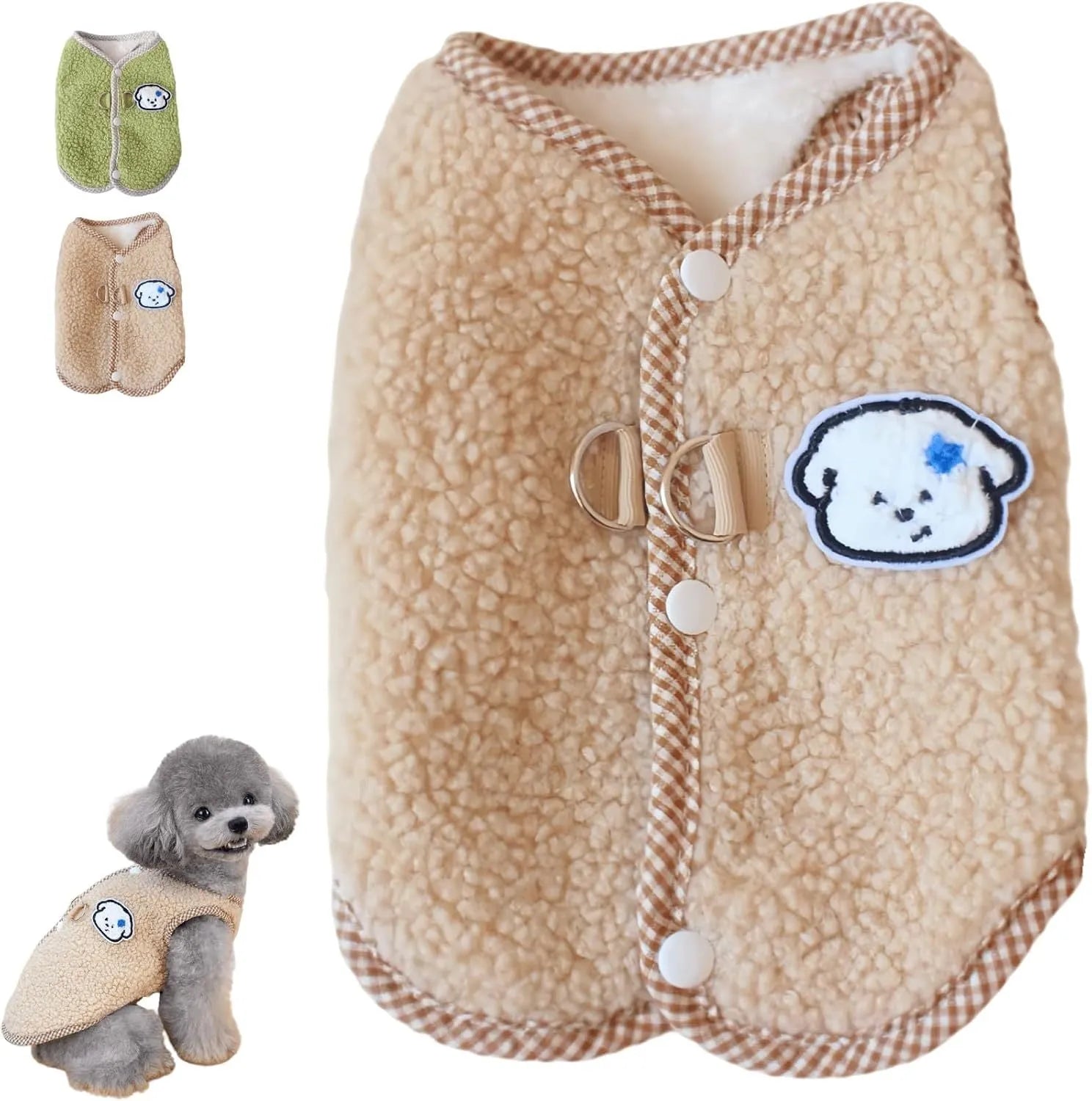 Green fleece dog vest with a metal leash ring on the back, for small pets.